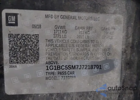 2018 Chevrolet Cruze Ls Auto z USA, uszkodzony, nr VIN 1G1BC5SM7J7218791